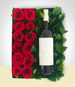 Caixa romntica de rosas e vinho